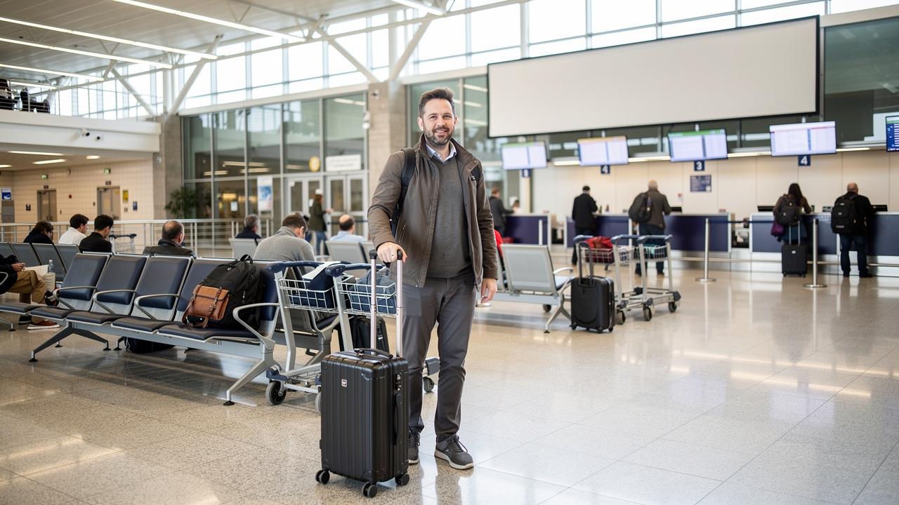 Muškarac stoji u aerodromskoj hali držeći kofer i kolica za prtljag