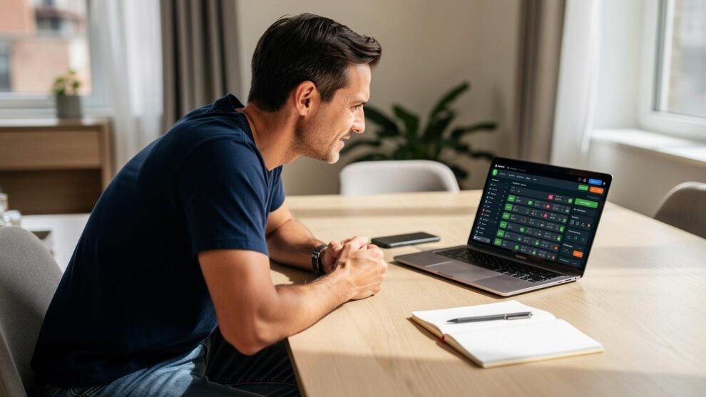 Muškarac sedi za stolom i gleda u ekran laptopa