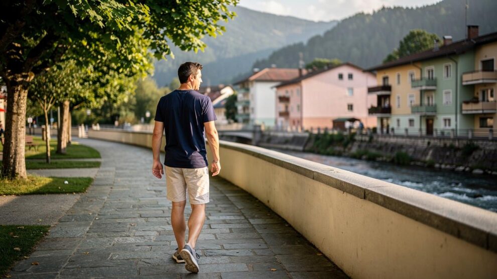 Muškarac u tamnoj majici i svetlim šortsevima šeta uz reku pored šetališta