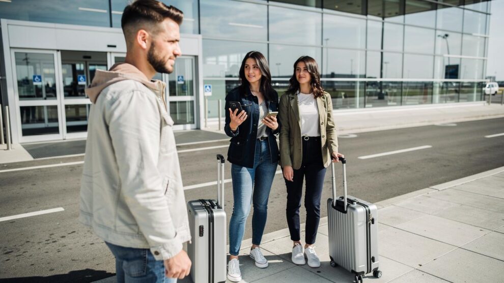 Dve žene sa koferima stoje ispred aerodroma i razgovaraju sa muškarcem
