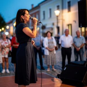 Žena peva u mikrofon na otvorenom događaju pred publikom
