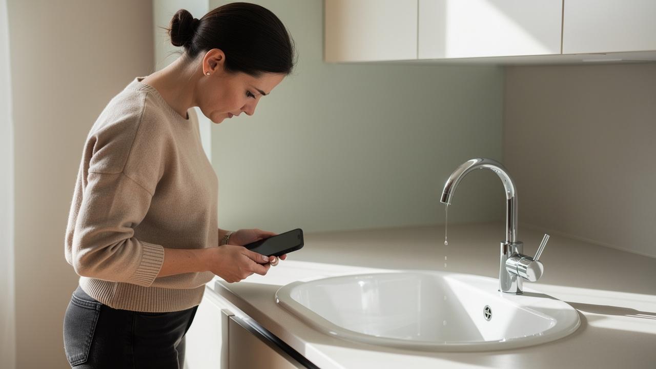 Žena stoji pored sudopere i drži telefon dok iz slavine kaplje voda